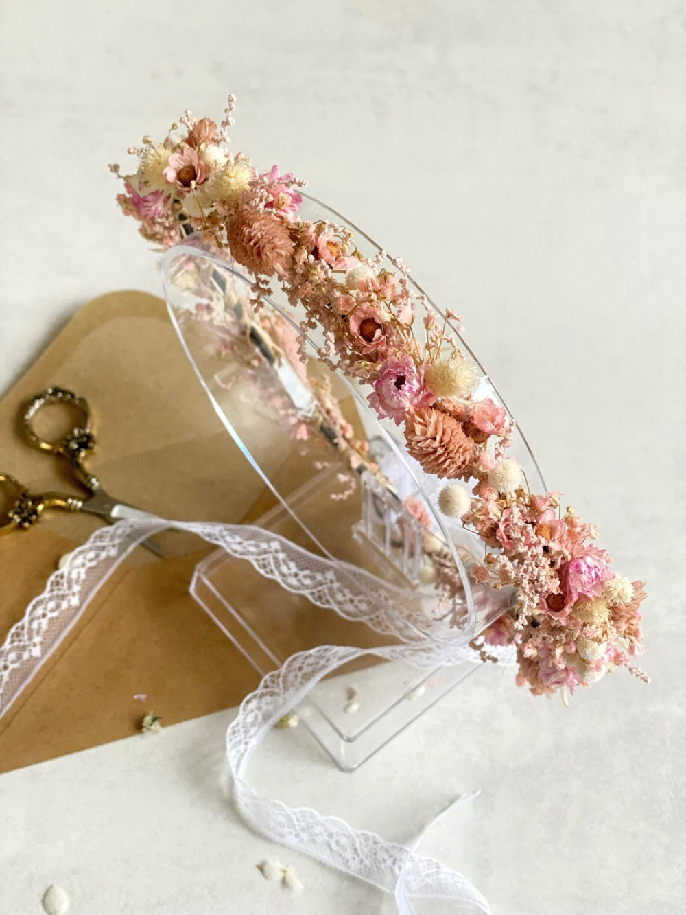 Preserved Flower Bridal Crown: Romantic Dried Flower Wedding Wreath – handmade floral hair accessory by magaela