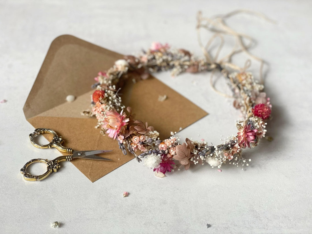 Preserved Flower Bridal Wreath: Cottagecore Meadow Crown – handmade floral hair accessory by magaela