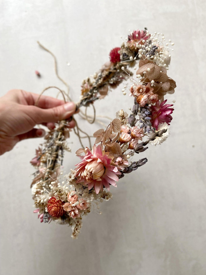 Preserved Flower Bridal Wreath: Cottagecore Meadow Crown – handmade floral hair accessory by magaela