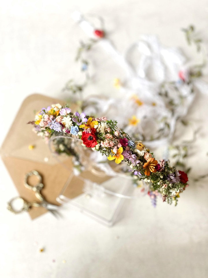 Boho Flower Crown with Veil: Romantic Meadow Bridal Headpiece – handmade floral hair accessory by magaela