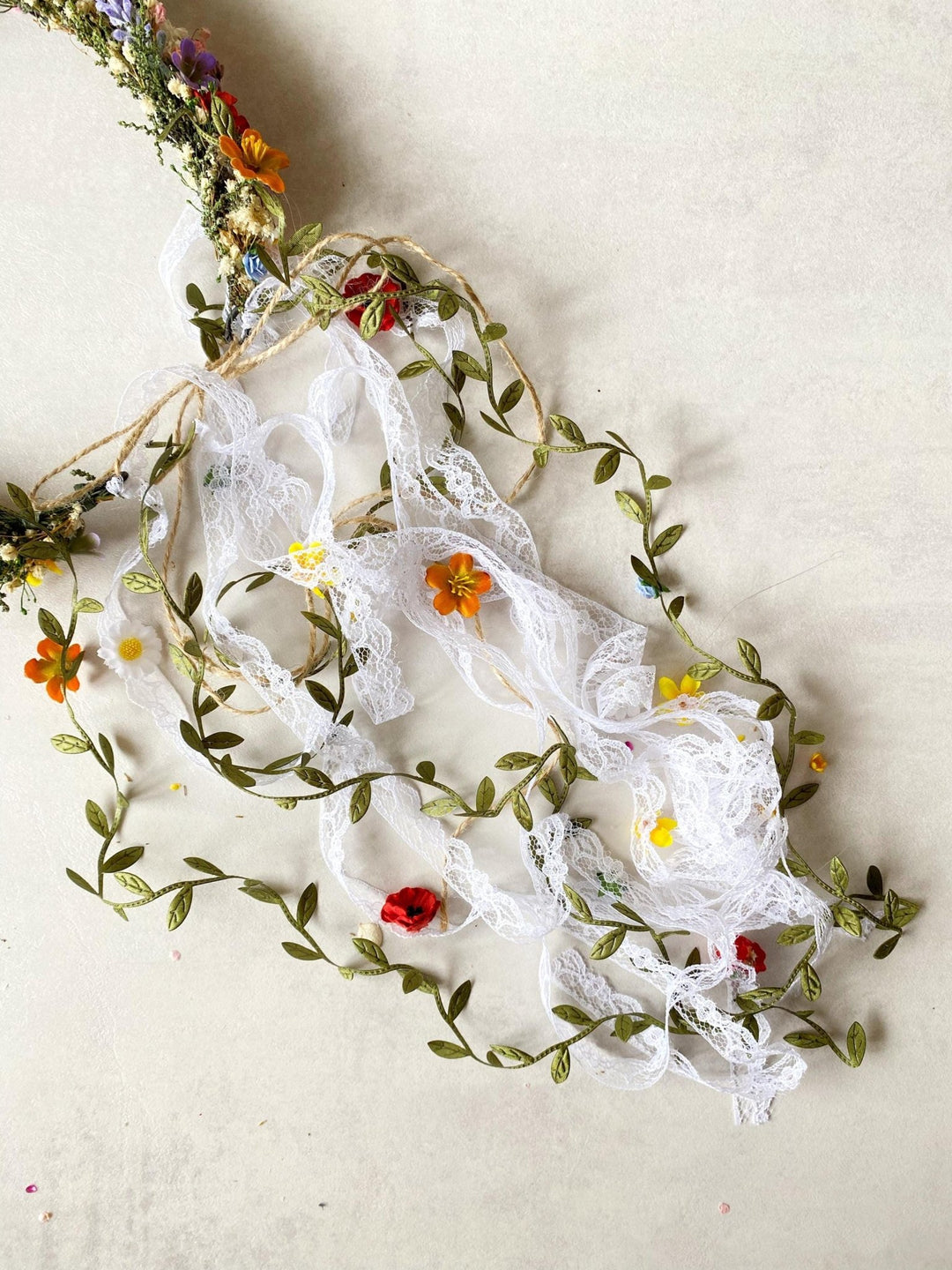 Boho Flower Crown with Veil: Romantic Meadow Bridal Headpiece – handmade floral hair accessory by magaela