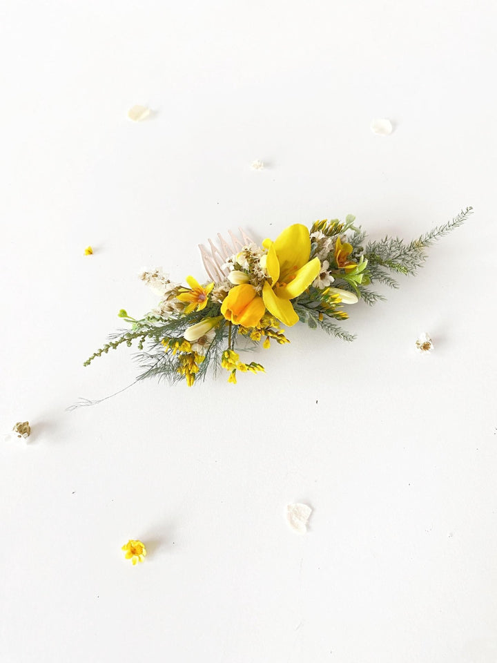 Yellow Flower Hair Comb: Forsythia Tulip Bridal Headpiece – handmade floral hair accessory by magaela