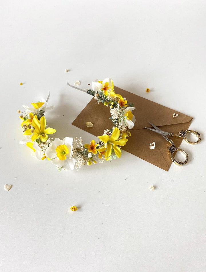 Forsythia Flower Crown: Yellow Narcissus Headband, Bridal Headpiece – handmade floral hair accessory by magaela