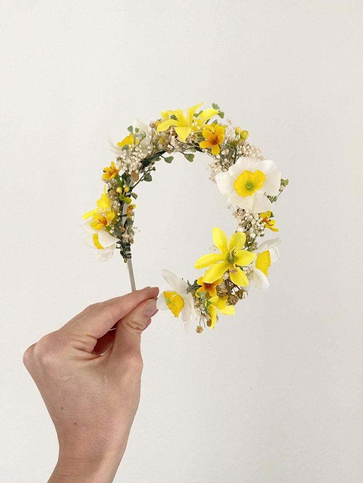 Forsythia Flower Crown: Yellow Narcissus Headband, Bridal Headpiece – handmade floral hair accessory by magaela