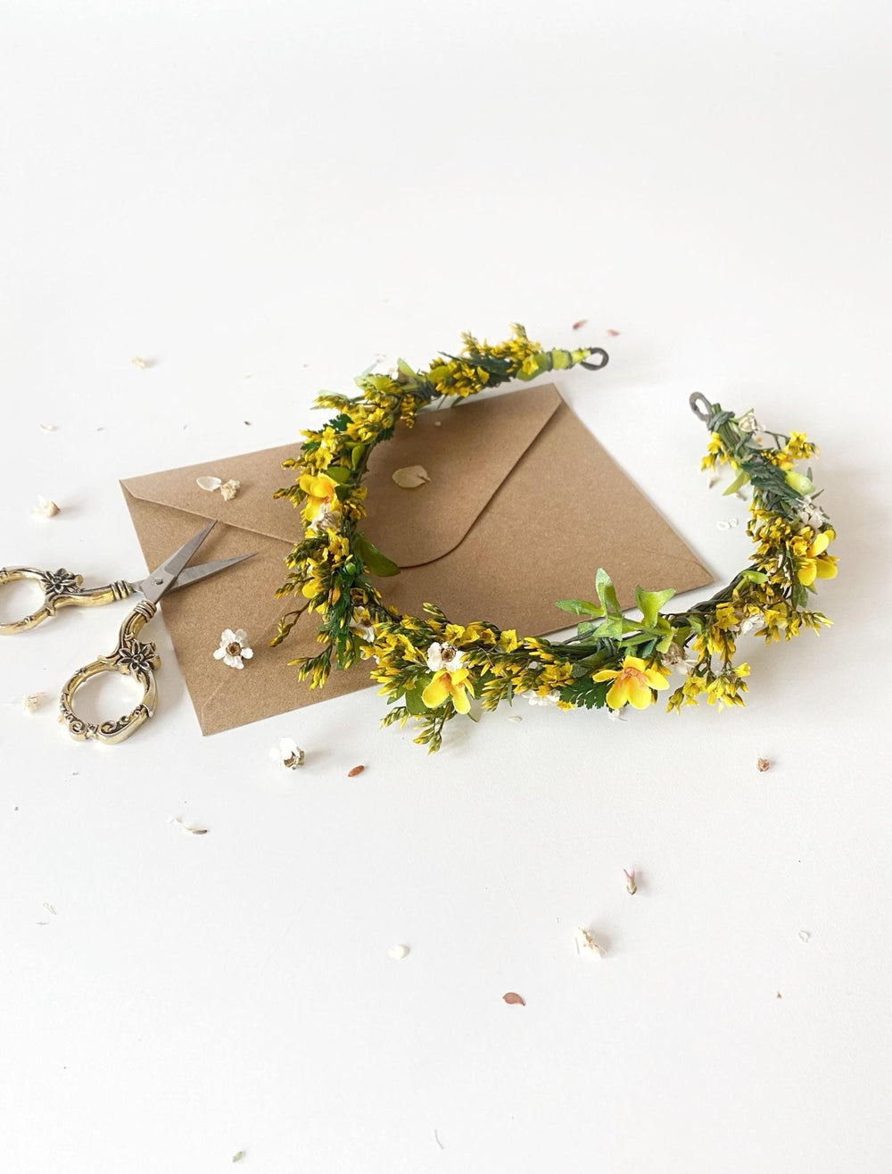 Yellow Floral Half Wreath: Boho Bridal Flower Crown – handmade floral hair accessory by magaela