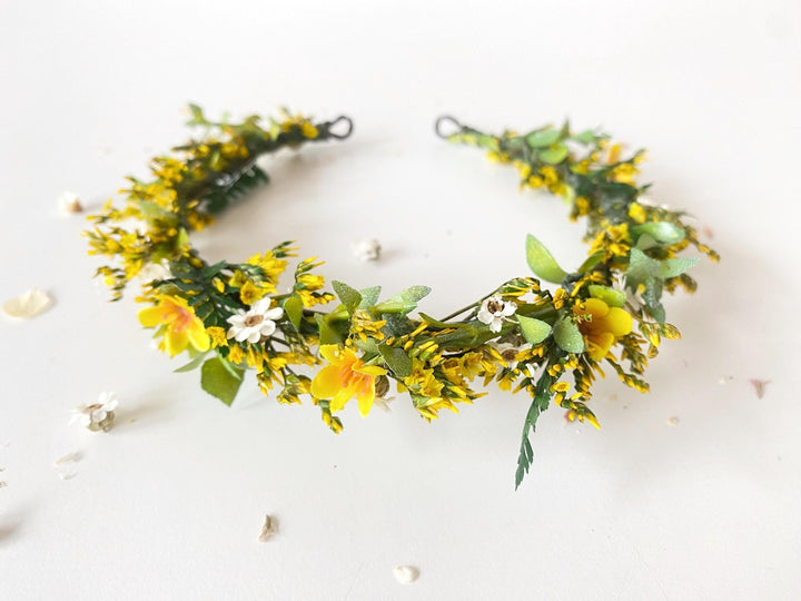 Yellow Floral Half Wreath: Boho Bridal Flower Crown – handmade floral hair accessory by magaela