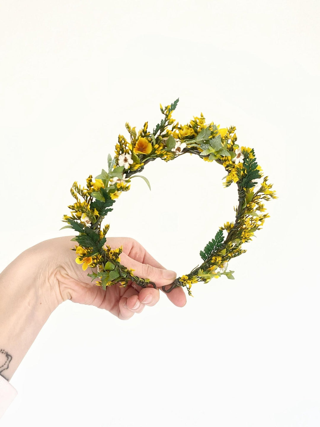 Yellow Floral Half Wreath: Boho Bridal Flower Crown – handmade floral hair accessory by magaela