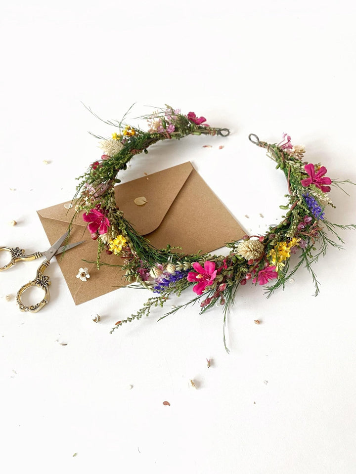 Magenta Wildflower Bridal Wreath: Boho Woodland Wedding Headpiece – handmade floral hair accessory by magaela