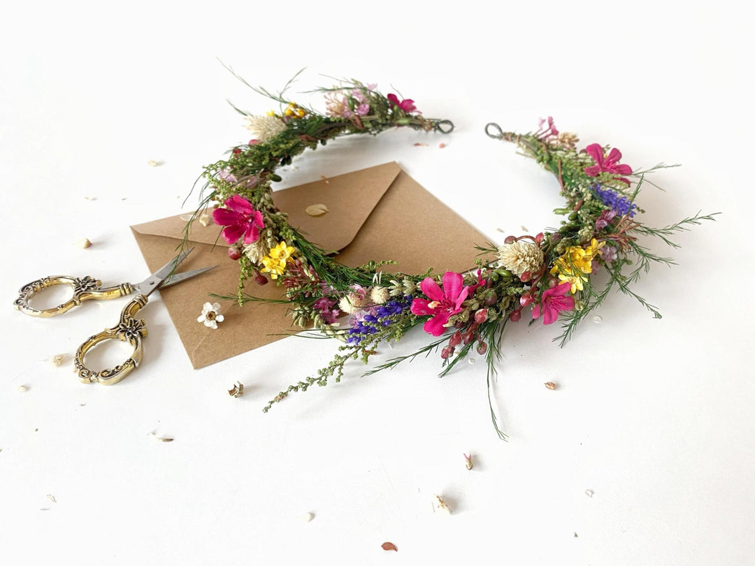 Magenta Wildflower Bridal Wreath: Boho Woodland Wedding Headpiece – handmade floral hair accessory by magaela