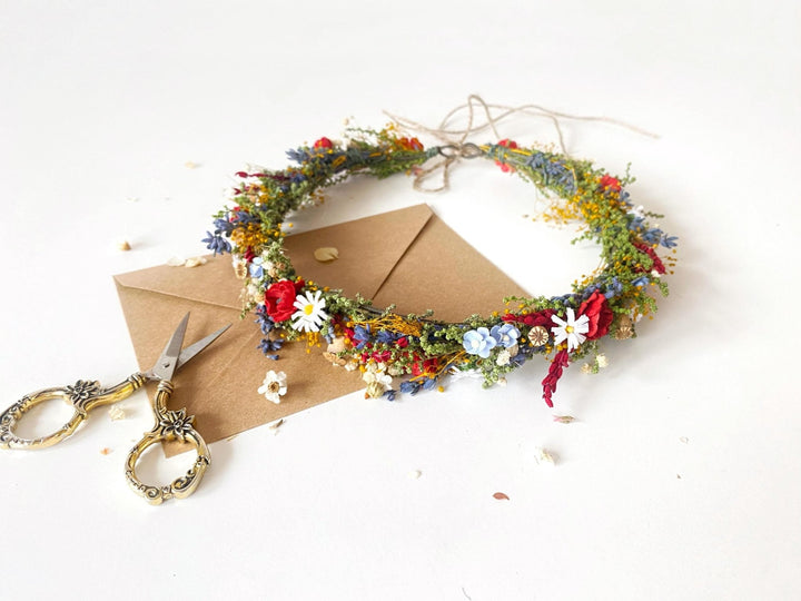 Folk Meadow Bridal Crown: Poppy Flower Hair Wreath – handmade floral hair accessory by magaela