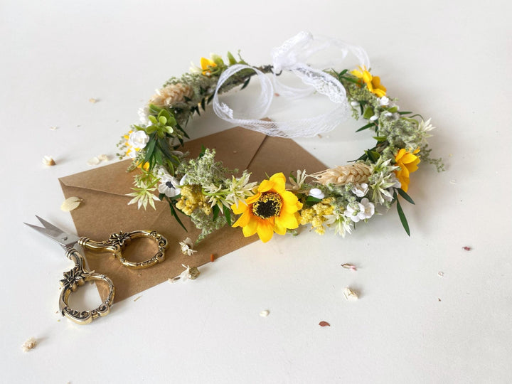 Sunflower Hair Crown: Boho Bridal Flower Wreath – handmade floral hair accessory by magaela