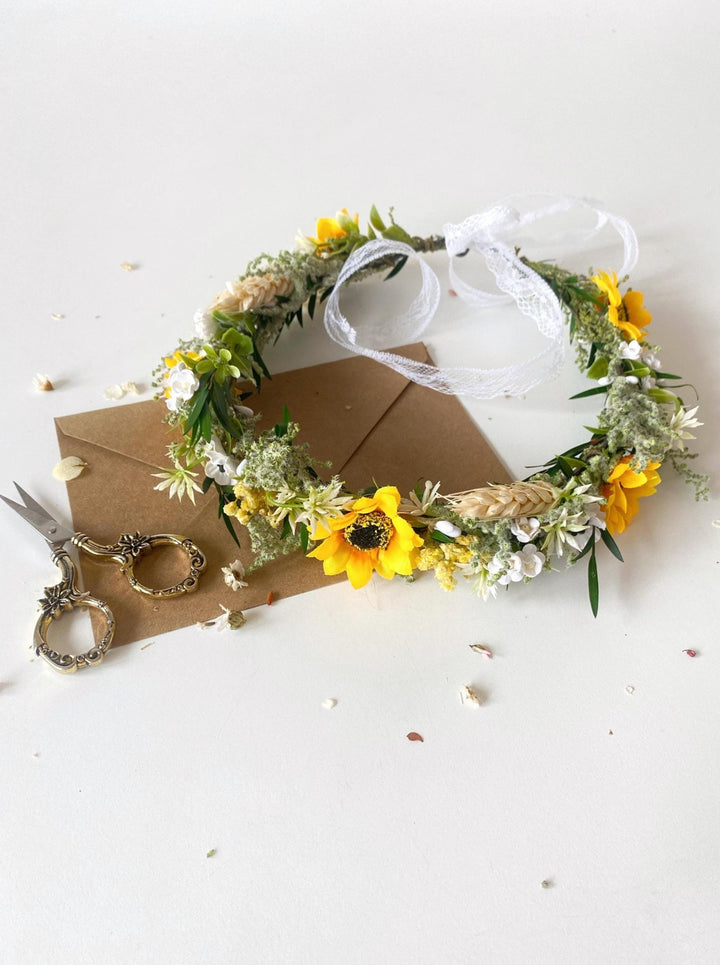 Sunflower Hair Crown: Boho Bridal Flower Wreath – handmade floral hair accessory by magaela