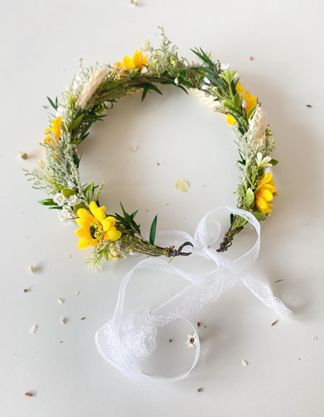 Sunflower Hair Crown: Boho Bridal Flower Wreath – handmade floral hair accessory by magaela