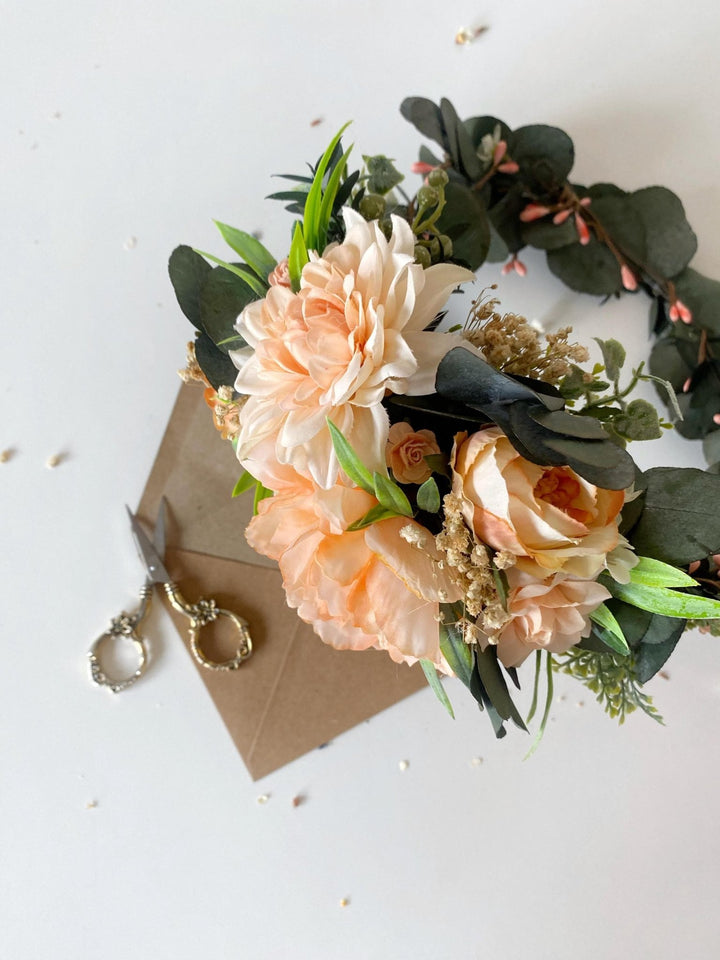 Peach Flower Headpiece: Boho Greenery Hair Wreath with Comb – handmade floral hair accessory by magaela