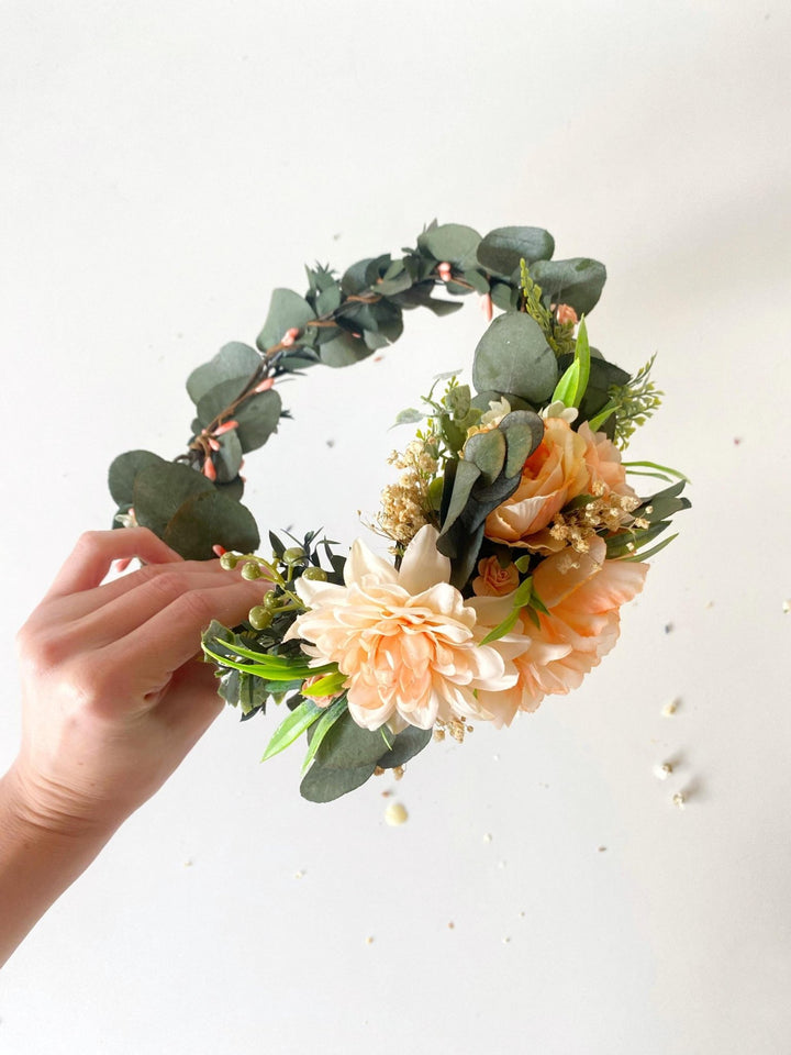 Peach Flower Headpiece: Boho Greenery Hair Wreath with Comb – handmade floral hair accessory by magaela
