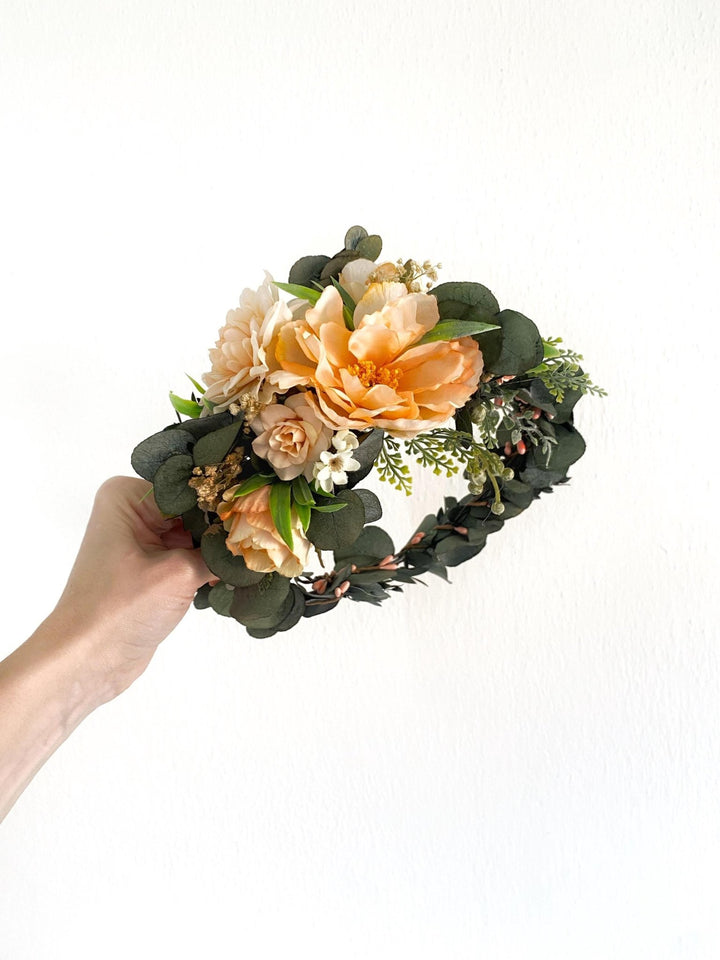 Peach Flower Headpiece: Boho Greenery Hair Wreath with Comb – handmade floral hair accessory by magaela