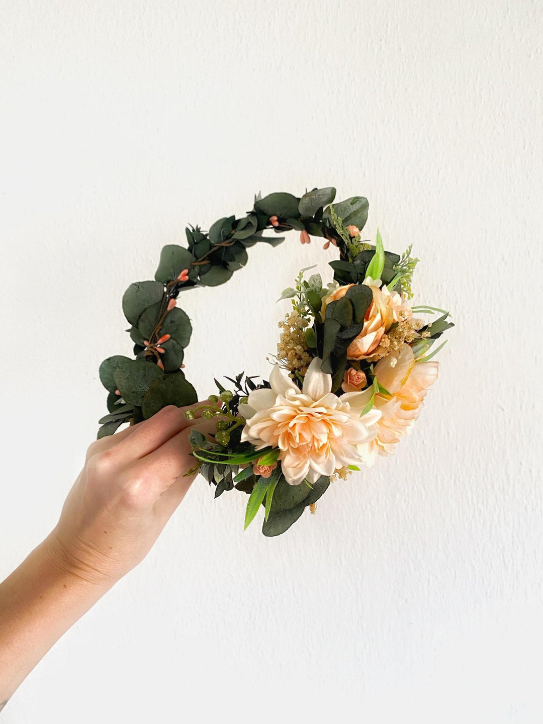 Peach Flower Headpiece: Boho Greenery Hair Wreath with Comb – handmade floral hair accessory by magaela