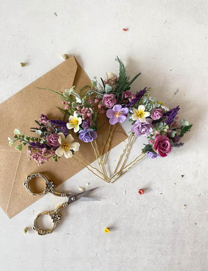 Purple Wildflower Hair Pins: Cottagecore Wedding Hair Accessories – handmade floral hair accessory by magaela