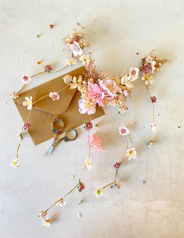 Pink Cream Floral Bridal Hair Vine with Veil: Romantic Wedding – handmade floral hair accessory by magaela