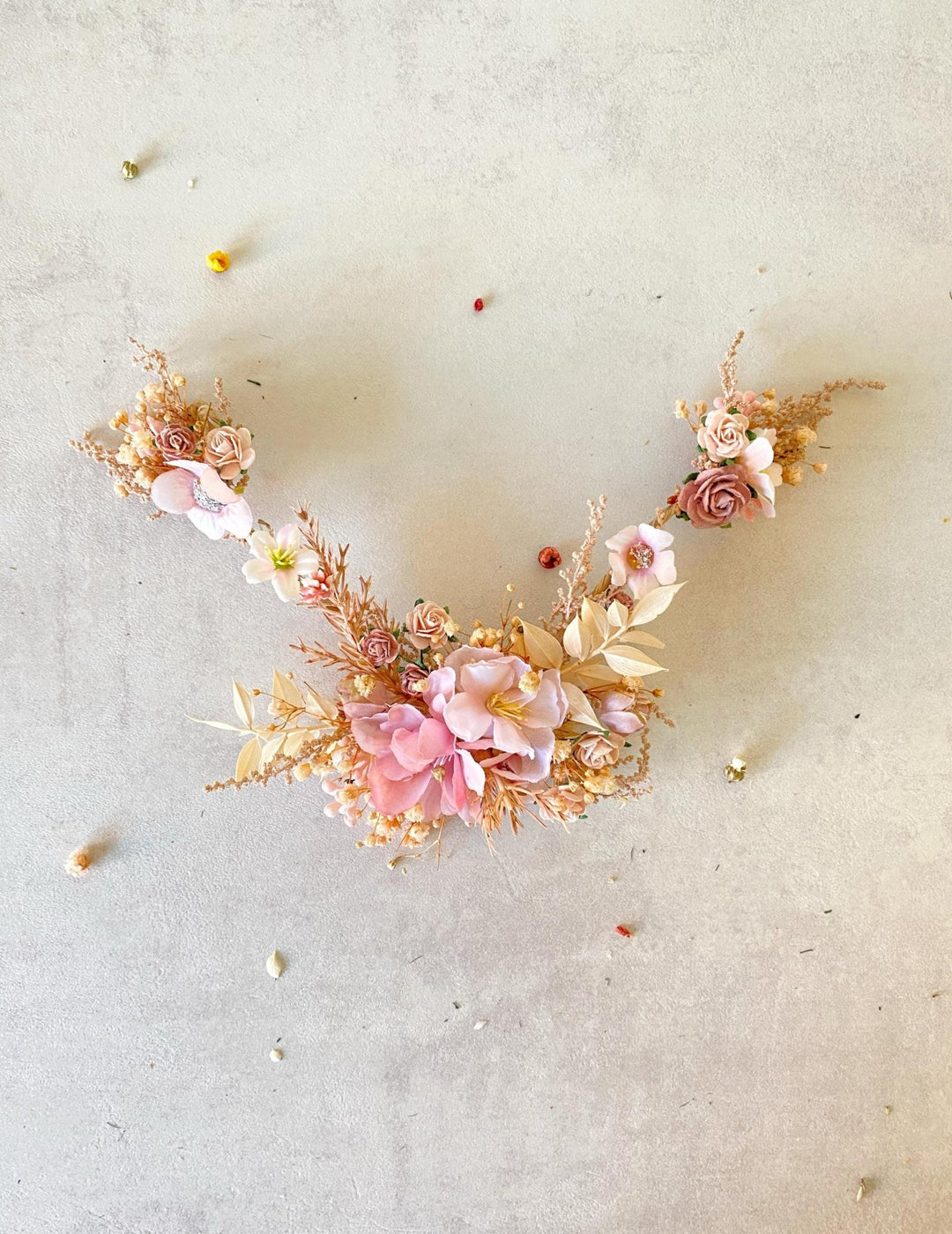 Pink Cream Floral Bridal Hair Vine with Veil: Romantic Wedding – handmade floral hair accessory by magaela