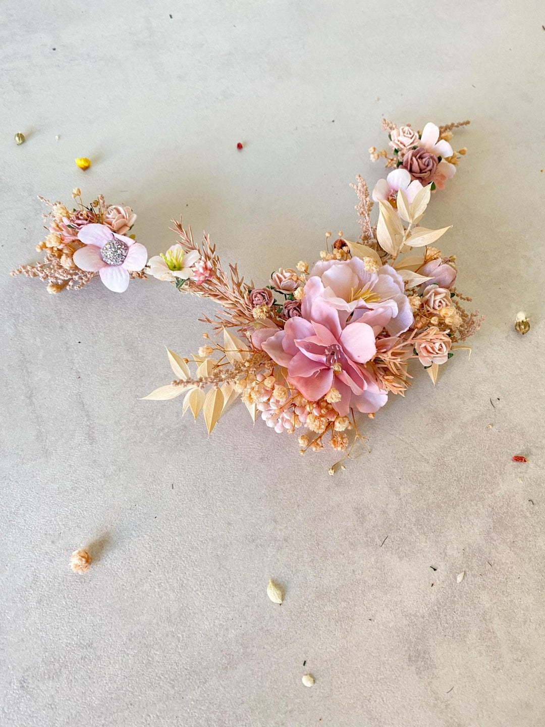 Pink Cream Floral Bridal Hair Vine with Veil: Romantic Wedding – handmade floral hair accessory by magaela