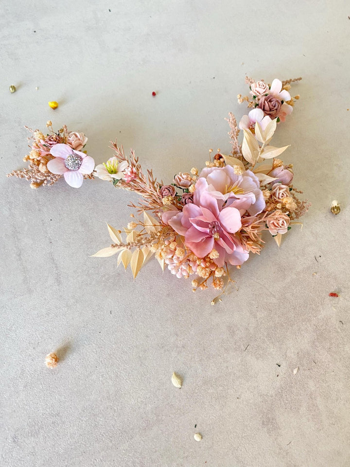 Pink Cream Floral Bridal Hair Vine with Veil: Romantic Wedding – handmade floral hair accessory by magaela