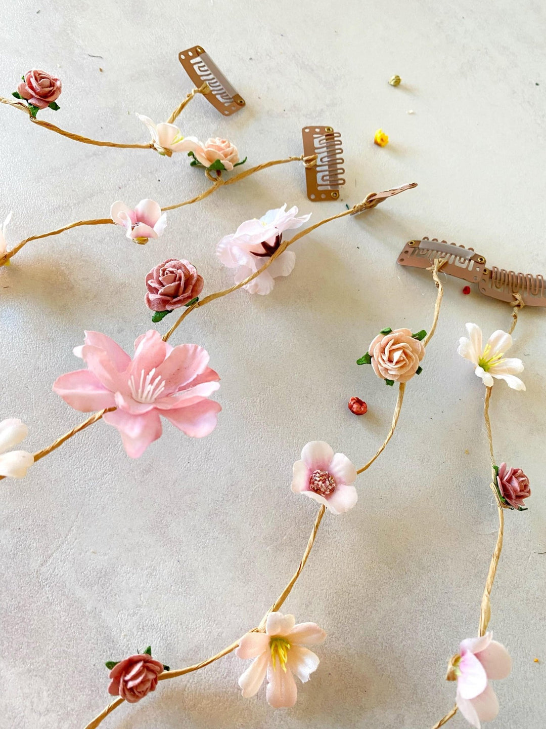 Pink Cream Floral Bridal Hair Vine with Veil: Romantic Wedding – handmade floral hair accessory by magaela