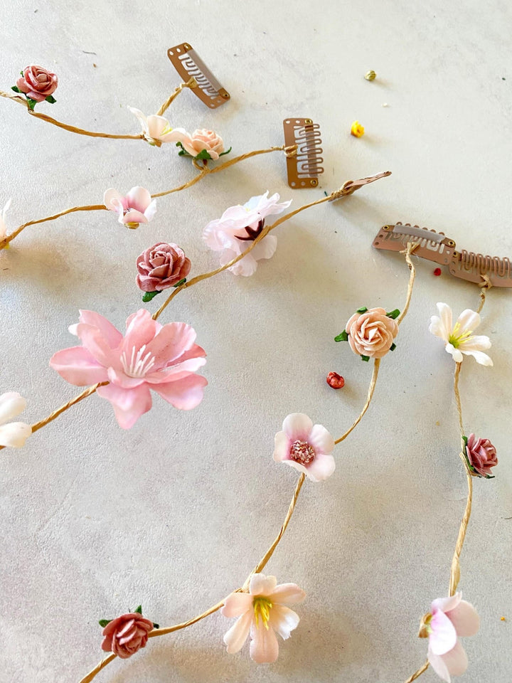 Pink Cream Floral Bridal Hair Vine with Veil: Romantic Wedding – handmade floral hair accessory by magaela