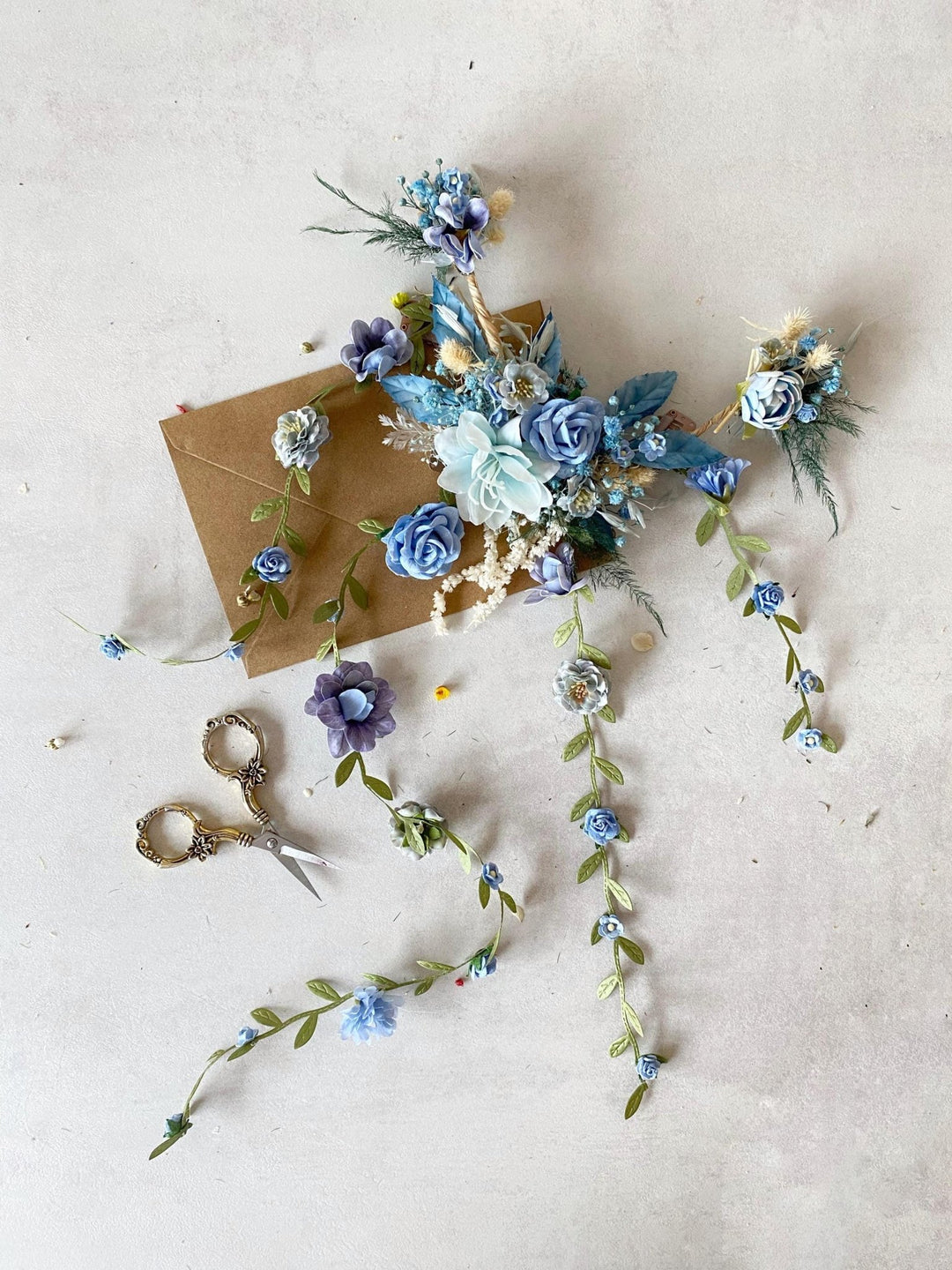 Blue Floral Bridal Hair Vine with Veil: Boho Wedding Hair Flowers – handmade floral hair accessory by magaela