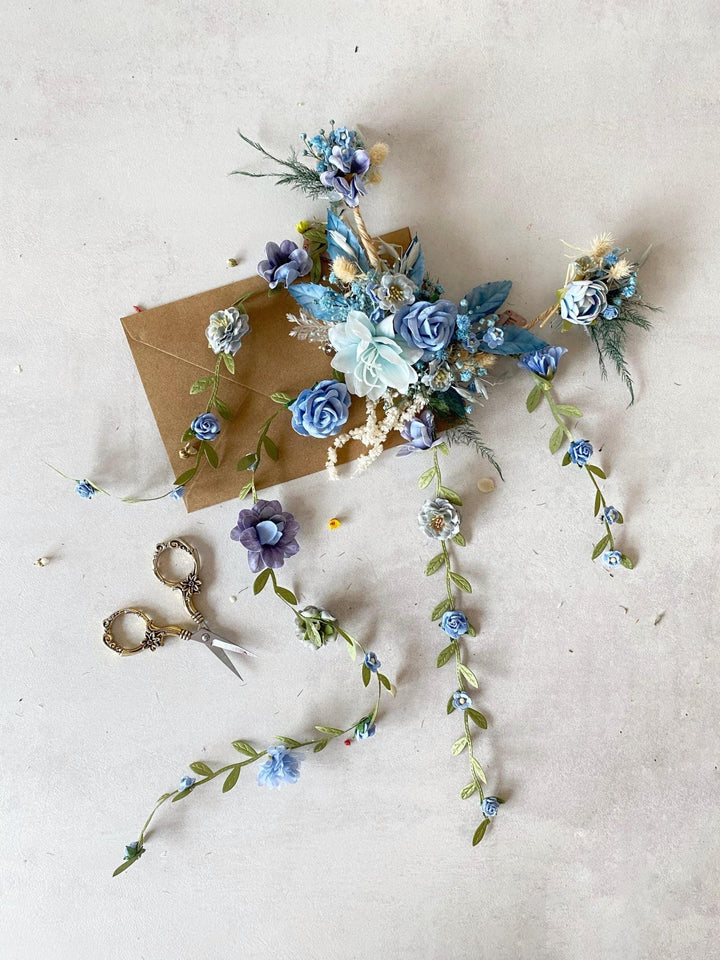 Blue Floral Bridal Hair Vine with Veil: Boho Wedding Hair Flowers – handmade floral hair accessory by magaela