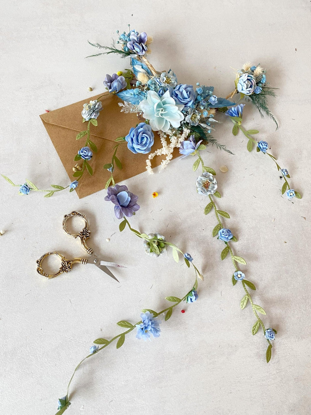 Blue Floral Bridal Hair Vine with Veil: Boho Wedding Hair Flowers – handmade floral hair accessory by magaela