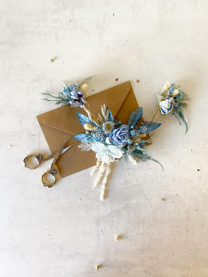 Blue Floral Bridal Hair Vine with Veil: Boho Wedding Hair Flowers – handmade floral hair accessory by magaela