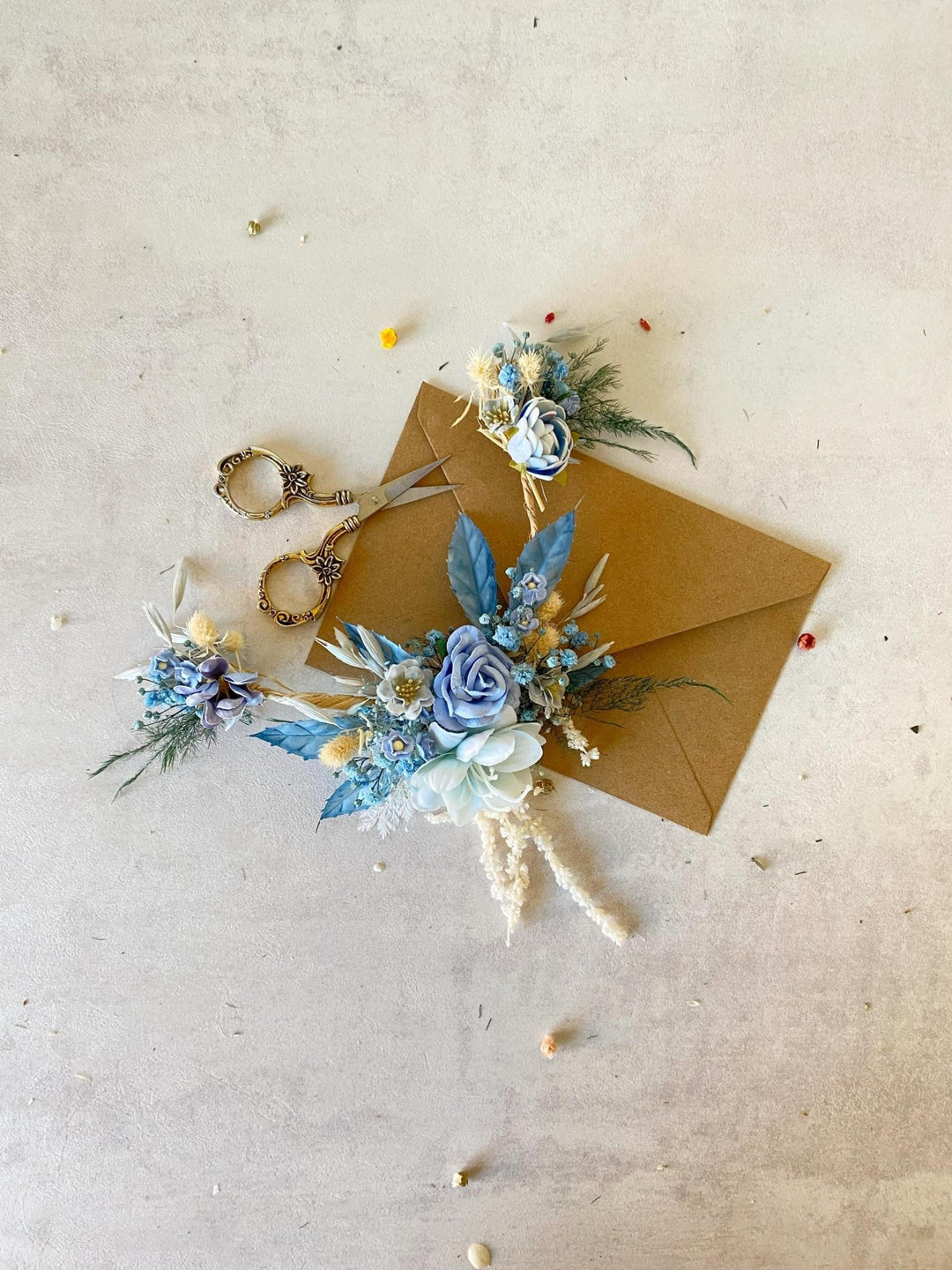 Blue Floral Bridal Hair Vine with Veil: Boho Wedding Hair Flowers – handmade floral hair accessory by magaela