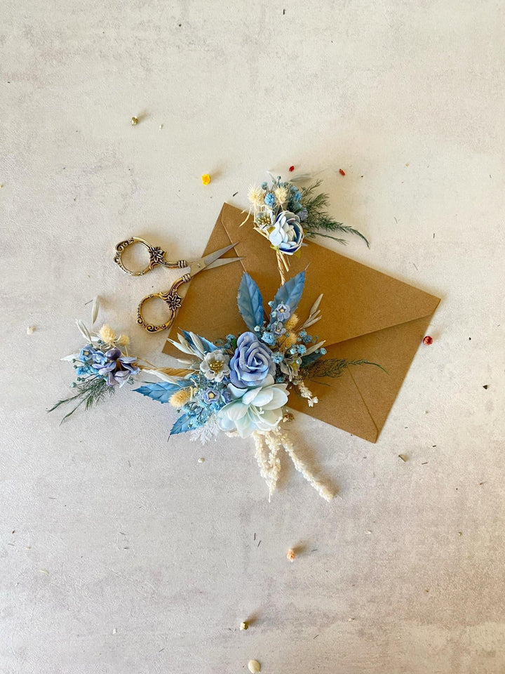 Blue Floral Bridal Hair Vine with Veil: Boho Wedding Hair Flowers – handmade floral hair accessory by magaela