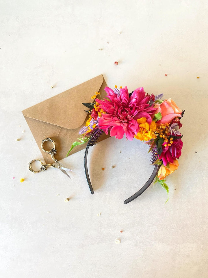 Magenta Frida Flower Headband: Boho Wedding Hair Crown – handmade floral hair accessory by magaela