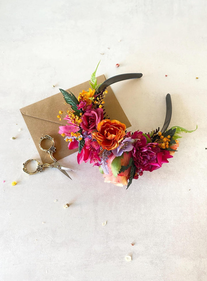 Magenta Frida Flower Headband: Boho Wedding Hair Crown – handmade floral hair accessory by magaela