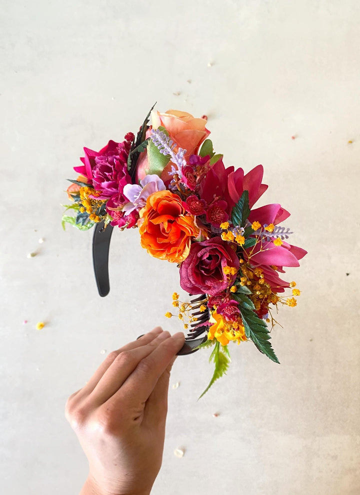 Magenta Frida Flower Headband: Boho Wedding Hair Crown – handmade floral hair accessory by magaela