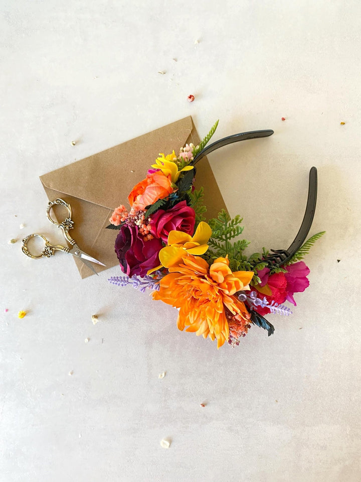 Magenta Orange Frida Flower Crown: Boho Floral Headband – handmade floral hair accessory by magaela