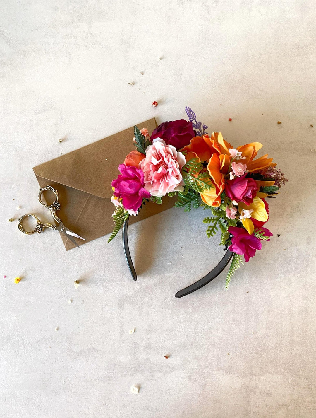 Magenta Orange Frida Flower Crown: Boho Floral Headband – handmade floral hair accessory by magaela