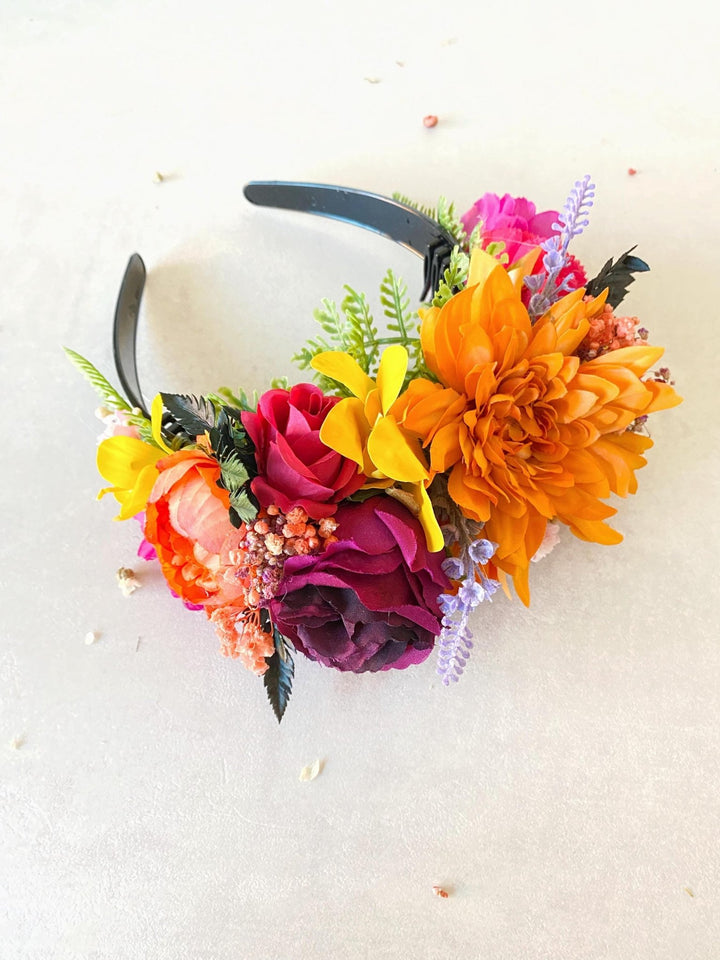 Magenta Orange Frida Flower Crown: Boho Floral Headband – handmade floral hair accessory by magaela