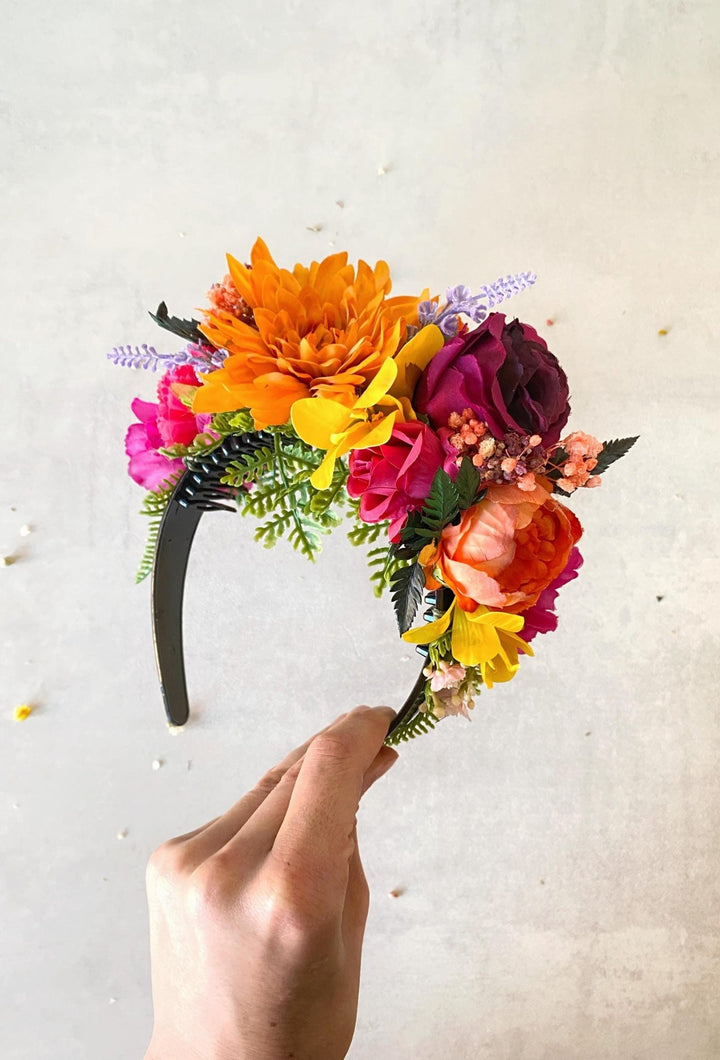 Magenta Orange Frida Flower Crown: Boho Floral Headband – handmade floral hair accessory by magaela