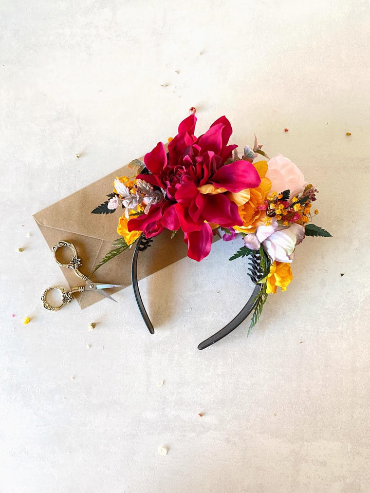 Fuchsia Orange Flower Crown Headband: Frida Inspired Boho Wedding – handmade floral hair accessory by magaela