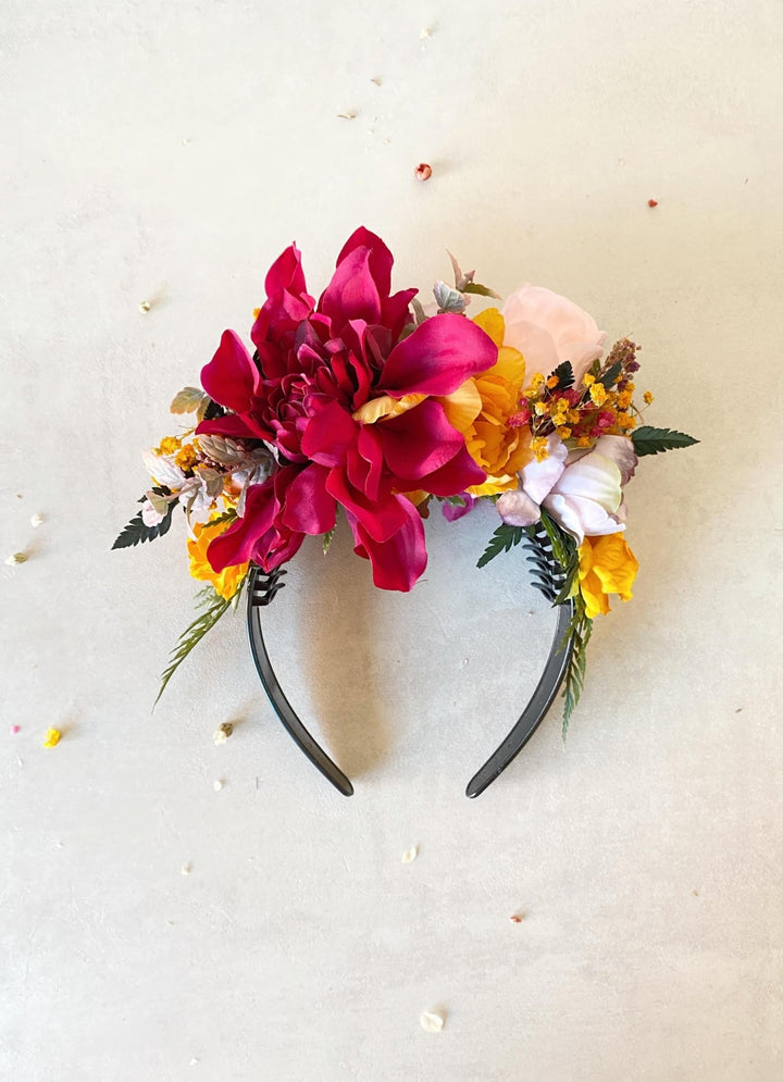 Fuchsia Orange Flower Crown Headband: Frida Inspired Boho Wedding – handmade floral hair accessory by magaela
