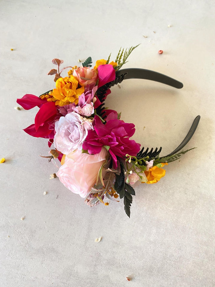 Fuchsia Orange Flower Crown Headband: Frida Inspired Boho Wedding – handmade floral hair accessory by magaela