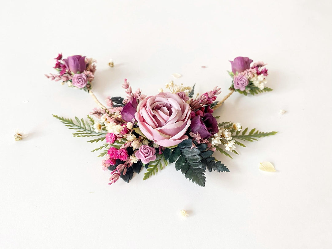 Purple Floral Hair Vine with Veil: Romantic Boho Wedding Comb – handmade floral hair accessory by magaela