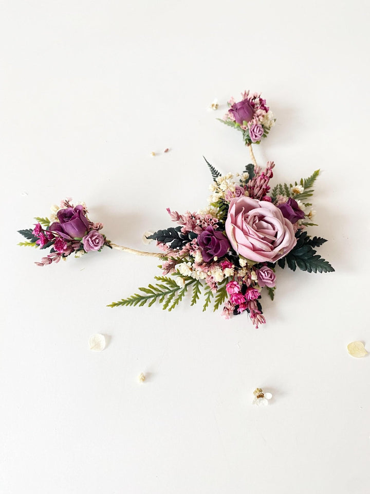 Purple Floral Hair Vine with Veil: Romantic Boho Wedding Comb – handmade floral hair accessory by magaela