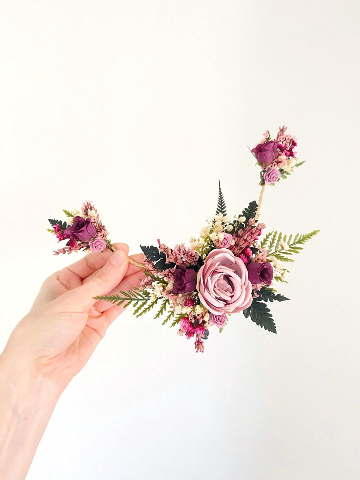 Purple Floral Hair Vine with Veil: Romantic Boho Wedding Comb – handmade floral hair accessory by magaela