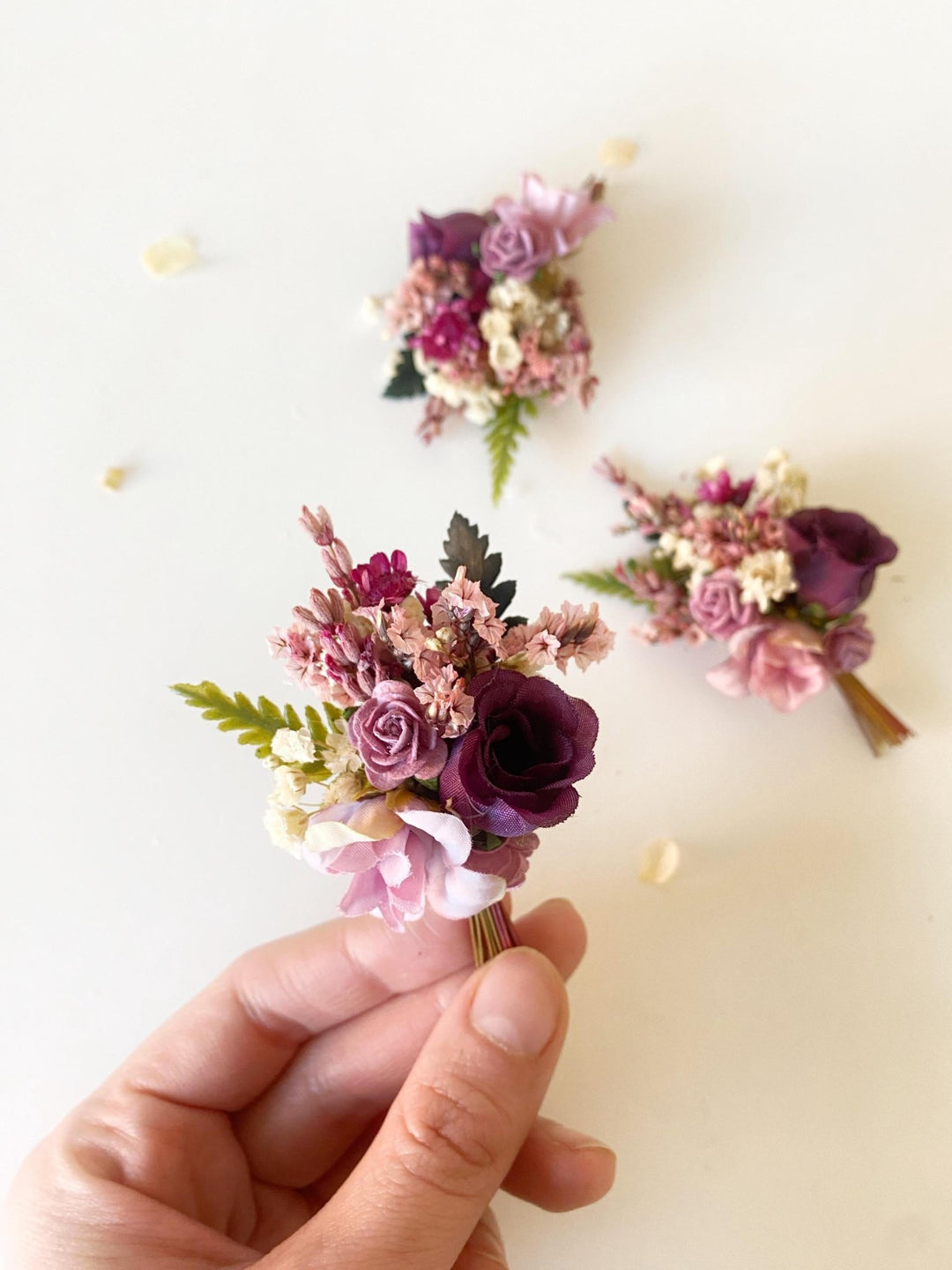 Purple Preserved Flower Boutonniere: Romantic Wedding Accessory – handmade floral hair accessory by magaela