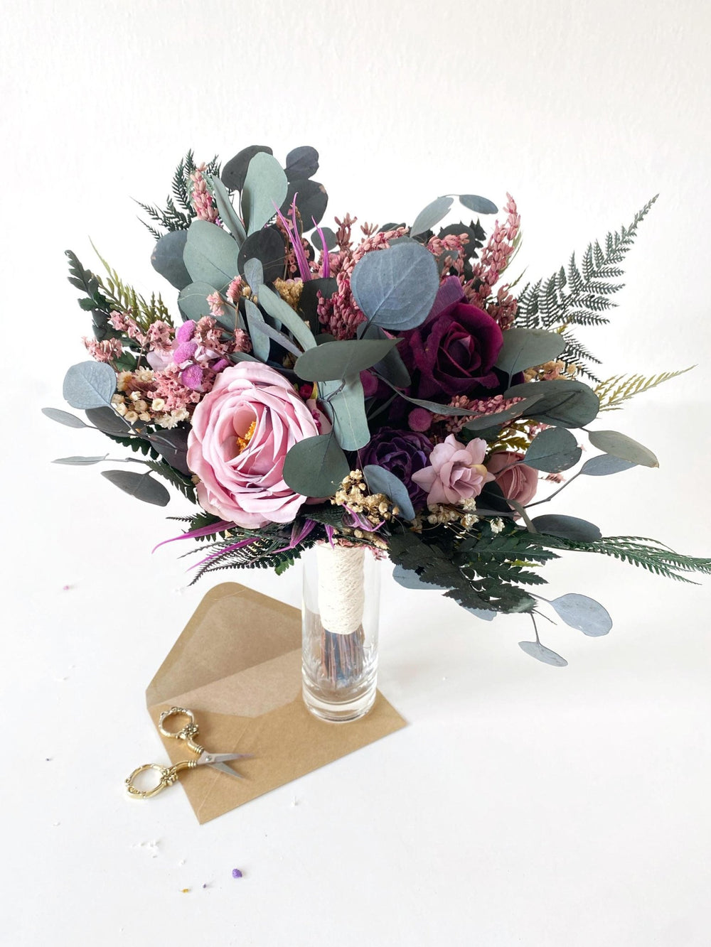 Purple Boho Bridal Bouquet: Fern & Roses, Garden Wedding – handmade floral hair accessory by magaela