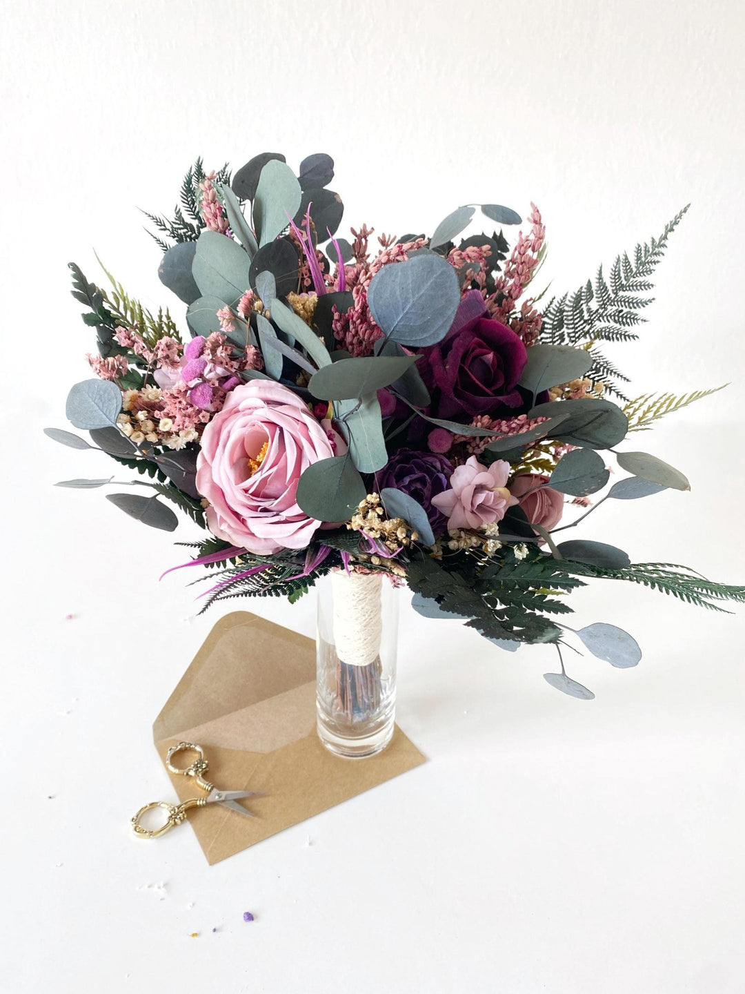 Purple Boho Bridal Bouquet: Fern & Roses, Garden Wedding – handmade floral hair accessory by magaela